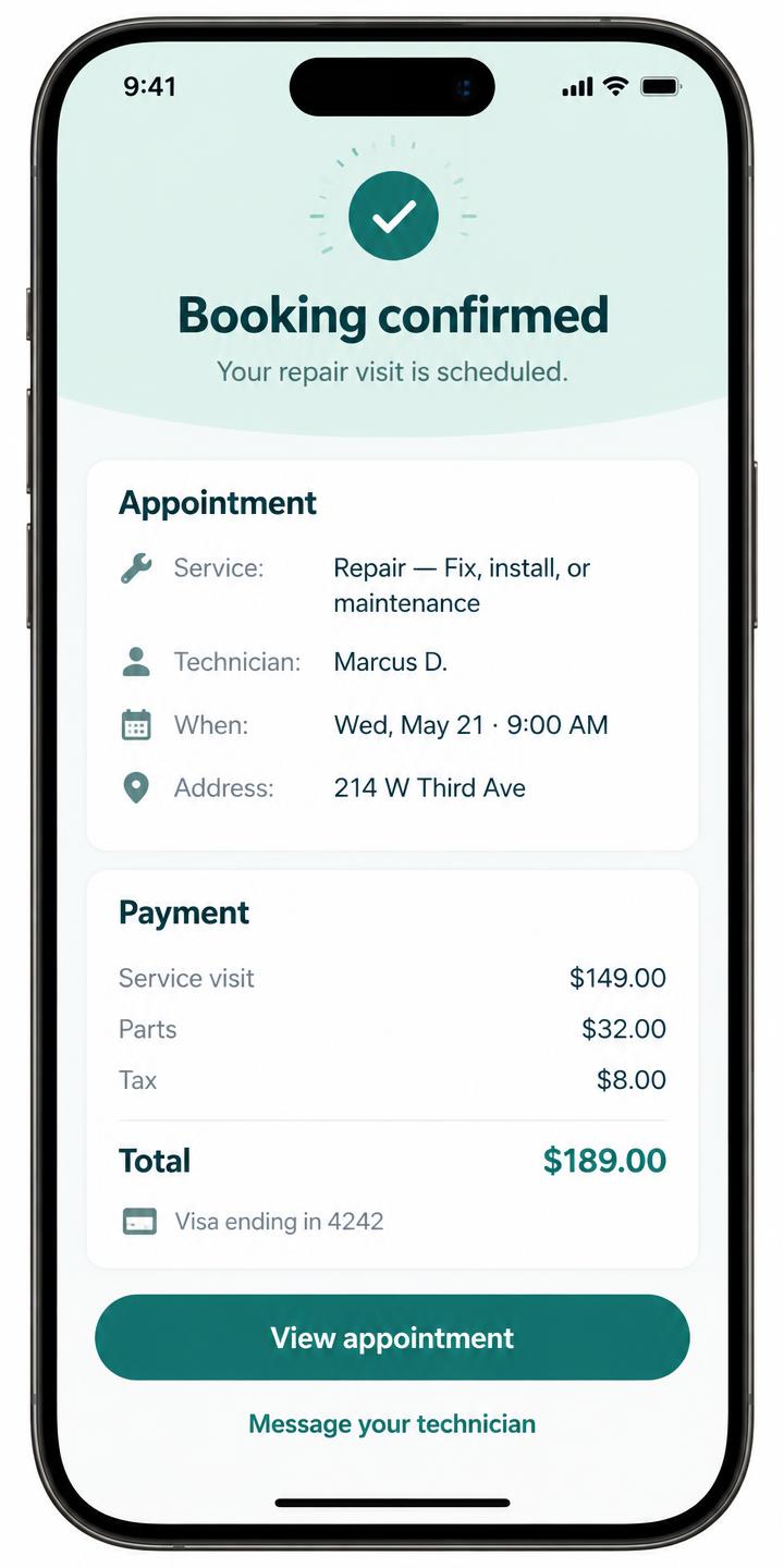 Booking confirmed and paid — Booking and intake systems interface example