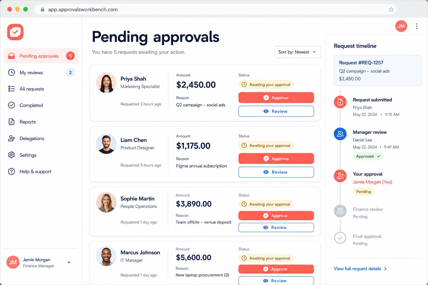 Approvals — Internal tools interface example